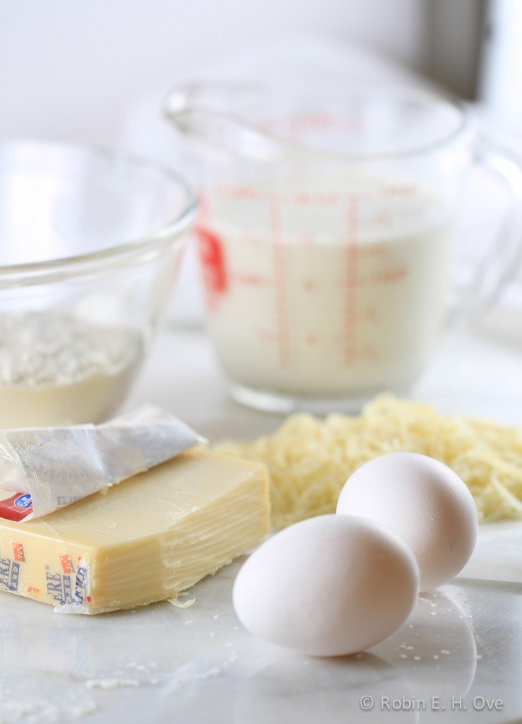 flour, milk, eggs, cheese