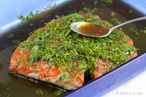 Basting salmon with brine