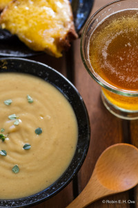 Creamy cauliflower soup, cheese toast, and beer.